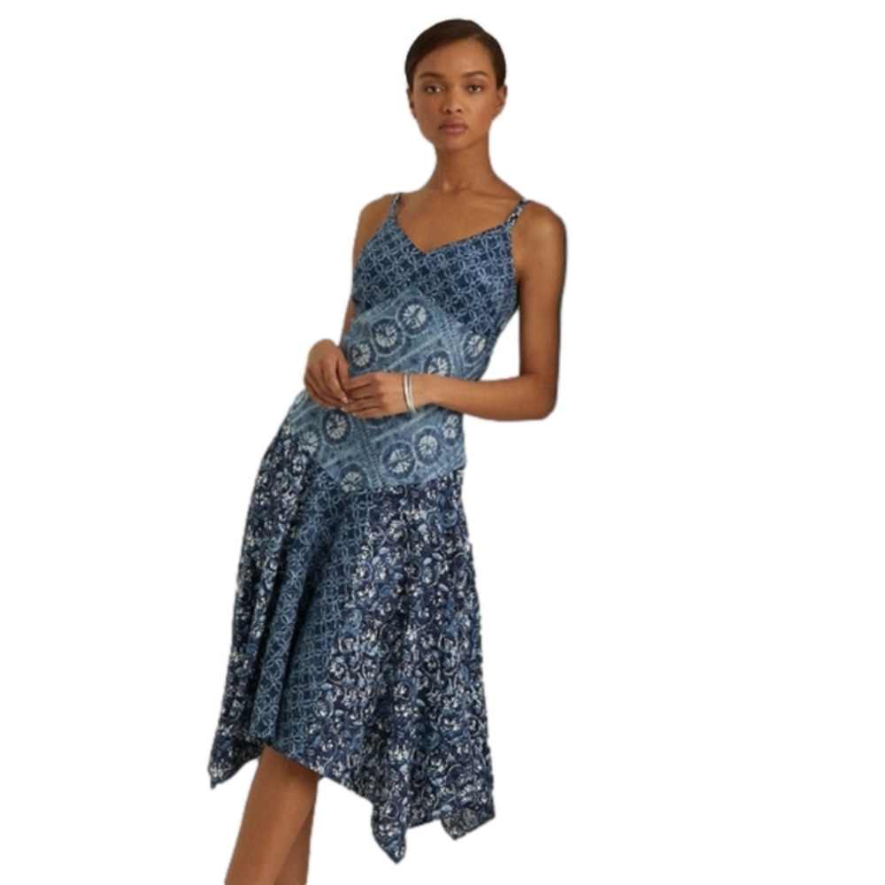 Lauren Ralph Lauren Women's Blue 100%‎ Linen Patchwork Sleeveless Dress size 8